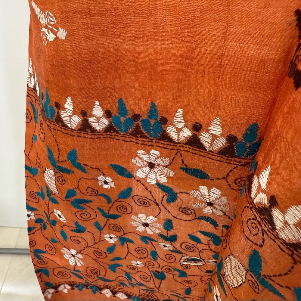 Rust Orange Elegant Embroidered Stole Dupatta Handloom Silk Scarf Festive Wrap - Picture 7 of 7